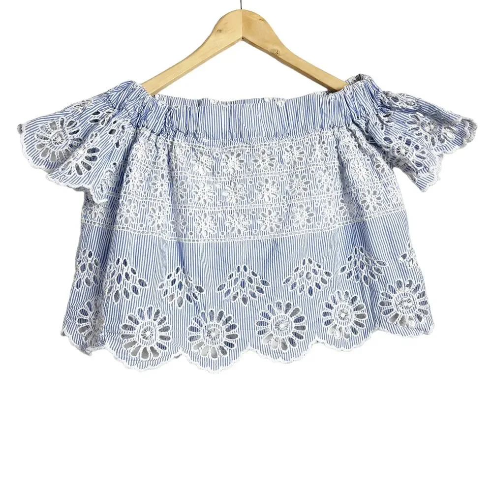 SEA New York Off-the-Shoulder Blue White Stripe Eyelet Top Size 0 - Picture 4 of 9